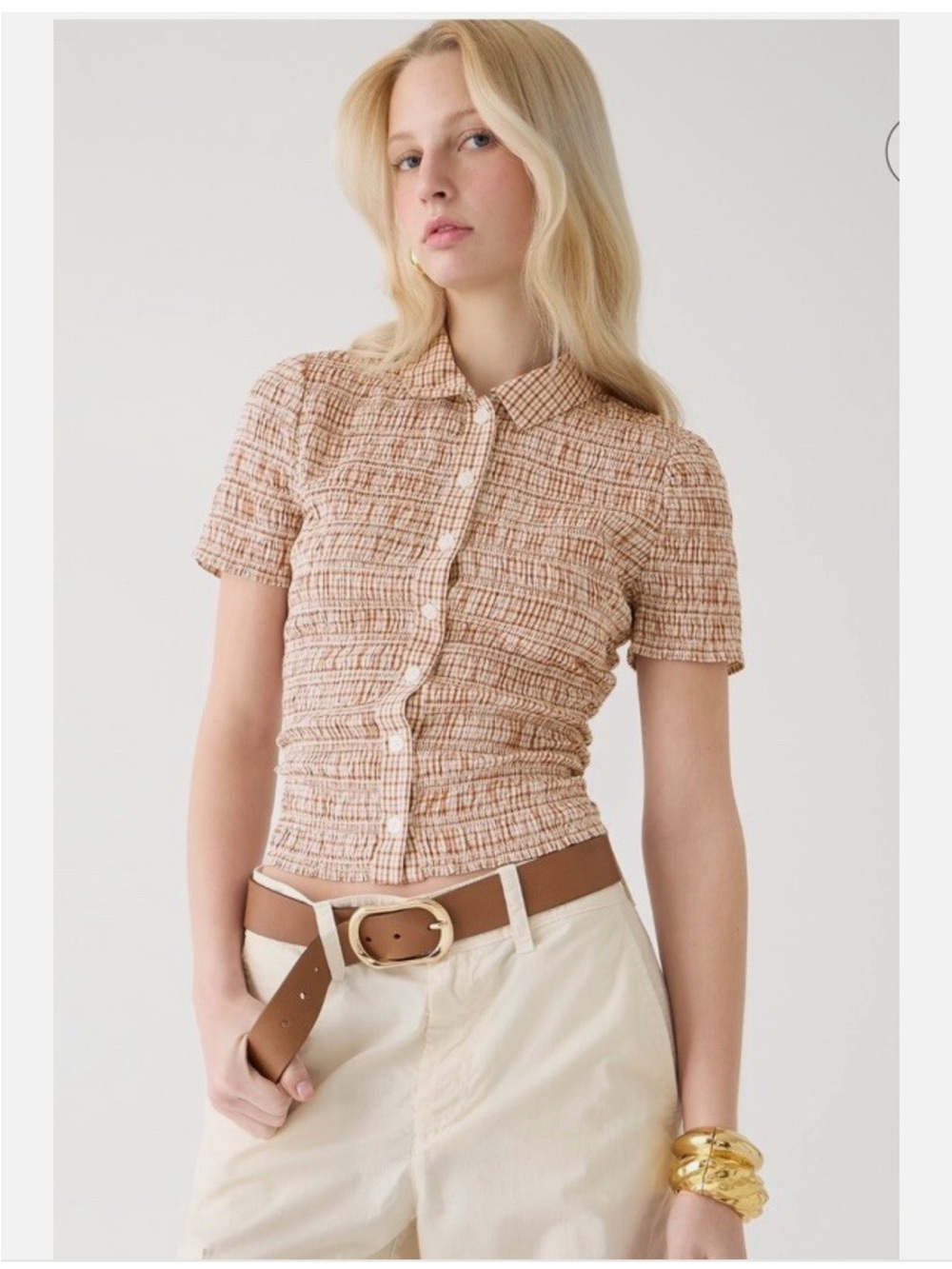 J. Crew Smocked Button Up Shirt in Gingham Cotton Voile